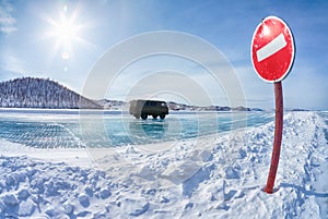 Traffic sign on Baikal ice