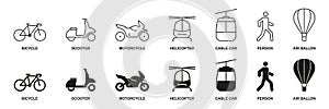 Traffic Sign Collection. Vehicle Symbols, Transportation Modes Line and Silhouette Icon Set. Pedestrian, Helicopter