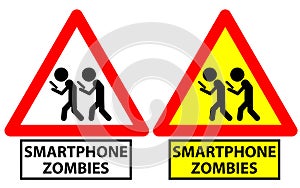 Traffic sign depicting two men walking as smartphone zombies