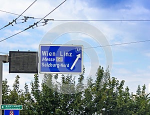 Traffic sign of direction to 1 highways in the Linz,Messe, Vienna. Salzburg, Austria