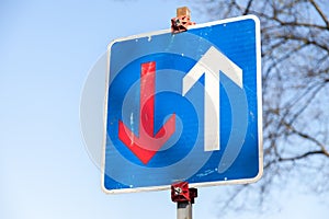 Traffic sign/ narrowed roadway photo