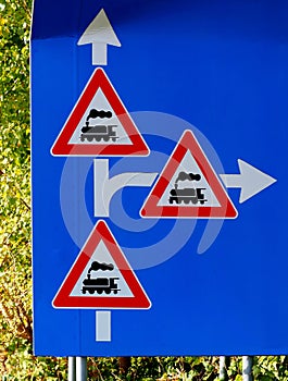 Traffic sign. Warning, trains could come in three different directions