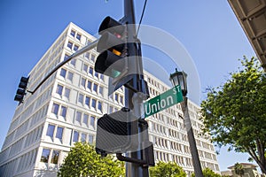 A traffic signal with a street sign that reads Union Street surrounded by lush green trees, a tall gray light post