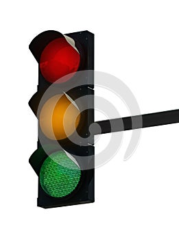 Traffic signal with three lights isolated on white