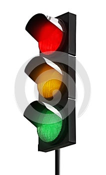 Traffic signal with three lights isolated on white