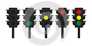 Traffic signal or traffic light controlling the flow of vehicles with red, yellow, and green lights. Traffic signal, traffic light