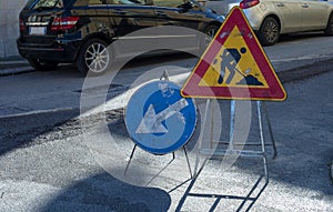 Traffic signals work in progress on a city street