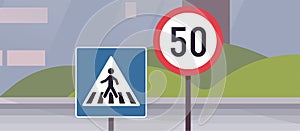 Traffic signs on city road and transportation simple concept.