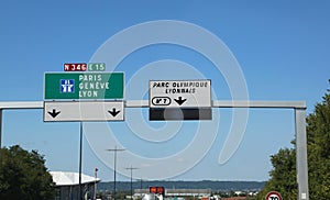 Traffic signs on the french hihgway to go to Lyon Geneve or Pari