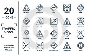 traffic.signs linear icon set. includes thin line left hair pin, no turn right, no stopping, keep left, danger, no chatting,