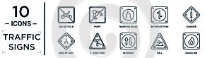 traffic.signs linear icon set. includes thin line no bicycle, narrow road, danger, t junction, hill, gasoline, end of way icons