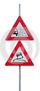 Traffic signs for loose chippings and slippery road