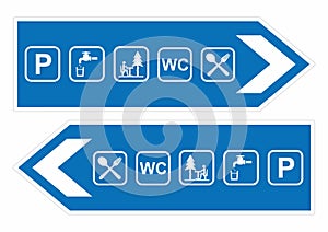 traffic signs, set, direction left, right, WC, rest area, drinking water, parking lot, restaurant, vector