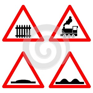 Traffic signs vector set on white background, railway level crossing ahead, speed hump, rough road symbols in red