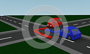 Traffic situation: right before left at a crossroads from a perspective view