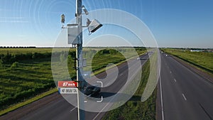 Traffic speed radar tracking control illustration with infographic automobile car automatic speed detection and send