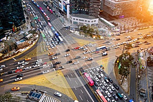 Traffic speeds through an intersection in Gangnam.Gangnam is an affluent district of Seoul. Korea.