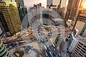 Traffic speeds through an intersection in Gangnam, Seoul in South Korea