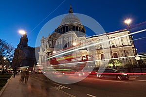 Traffic by St Paul's Cathedral at night, London