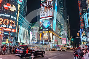 Traffic in Times Square, Midtown Manhattan, New York City. Features Broadway Theaters, Animated Led Screens. NYC Lifestyle