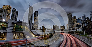 Traffic and train in Tel Aviv city, Israel