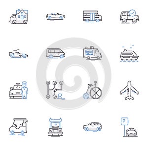 Traffic vehicles line icons collection. Cars, Trucks, Buses, Motorcycles, Trains, Boats, Planes vector and linear