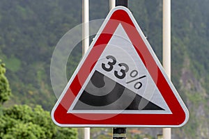 traffic vertical danger sign.  road slope with 33% unevenness.