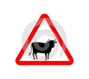 Traffic warning cattle sign. Traffic warning cow sign. Road near animal farm. Road car with livestock. Red triangle with bull icon