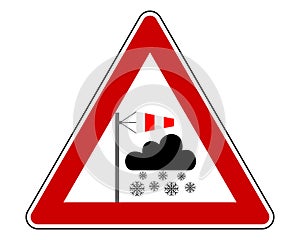 Traffic warning sign blizzard on white