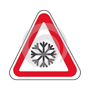 Traffic, warning sign snowfall. Yellow triangle Ice on isolated white background. Danger snow or snowfall. icy