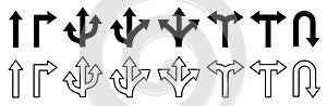 Traffic way set icon, road arrows icon symbol set, multi traffic sign, double option way, fork path sign, turn left and right