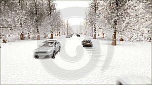 Traffic on winter cars are moving at high speed on a snowy road