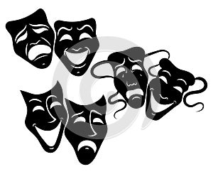 Tragedy and comedy theater masks set. Collection of theater masks. Black and white illustration of carnival masks