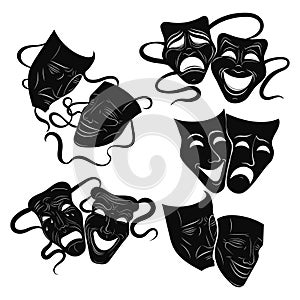 Tragedy and comedy theater masks set. Collection of theater masks. Black and white illustration of carnival masks