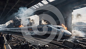 tragedy strikes: a somber scene of a japanese bullet train under terrorist attack keywords: ai generated