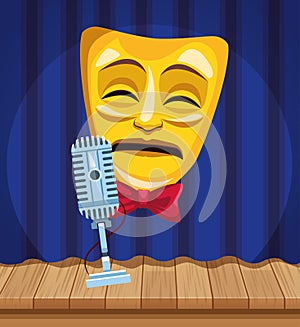 Tragedy theater mask microphone wall brick stage stand up comedy show