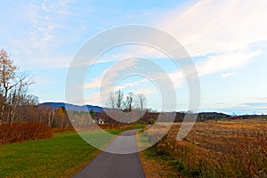 Trail in autumn in Stowe, Vermont, USA.