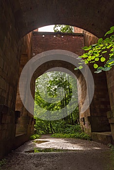 Trail bellow railway brick bridge with trees on the background photo