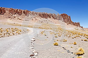 Trail and geological monoliths close to Salar the Tara, Chile