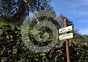 Trail hike information sign in Natural Park Sierra de Aracena and Picos de Aroche, Huelva province, Spain
