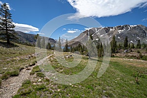 Trail looking towards Saddlebag Lake, Mount Conness in the Eastern Sierra Nevada Mountains of California in the summer