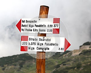 Trail marker with text of italian location in mountains photo