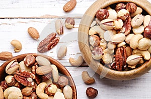 Trail mix with different kinds of nuts in brown wood bowl on scratched white wooden table background, soft daylight. Copy space.