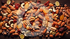 Trail Mix Harmony: Nuts, Seeds, and Dried Fruit Blend. Energizing Snack. Dried Fruit Background. Generative AI