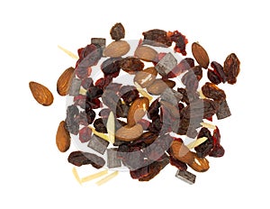 Trail mix with nuts and dried fruit on white background