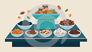 A trail mix station with a variety of nuts dried fruits and chocolate chips for a customizable and energizing snack photo