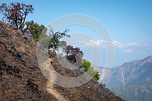 A Trail on a Mountaintop with the Snow Peaks of the Himalaya Mountain Range in the Distance