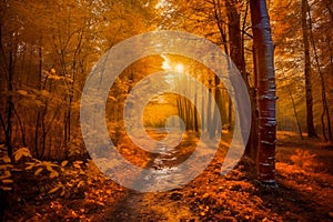 Trail in mysterious picturesque fall forest in vibrant colors. Calendar, interior decoration