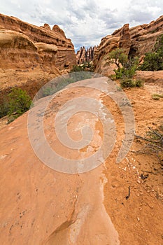 The trail on rocks in Arches National Park, USA