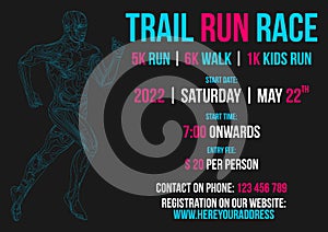 Trail run race vector flyer, label with blue outline runner silhouette on black background